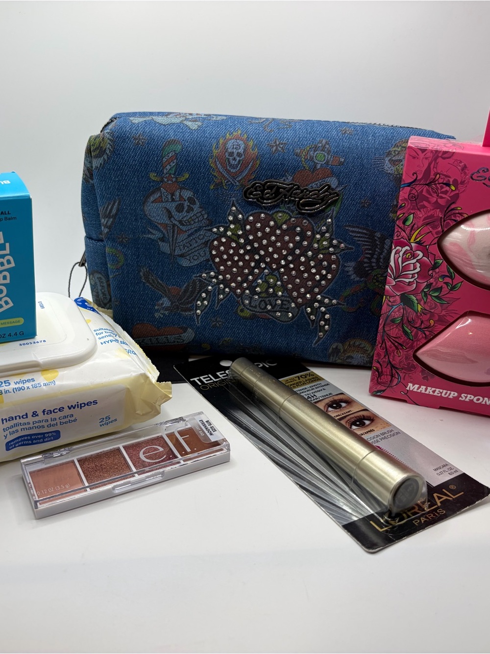 Ed Hardy Blue Denim Makeup Pouch with Studded Heart Accent & Goodies